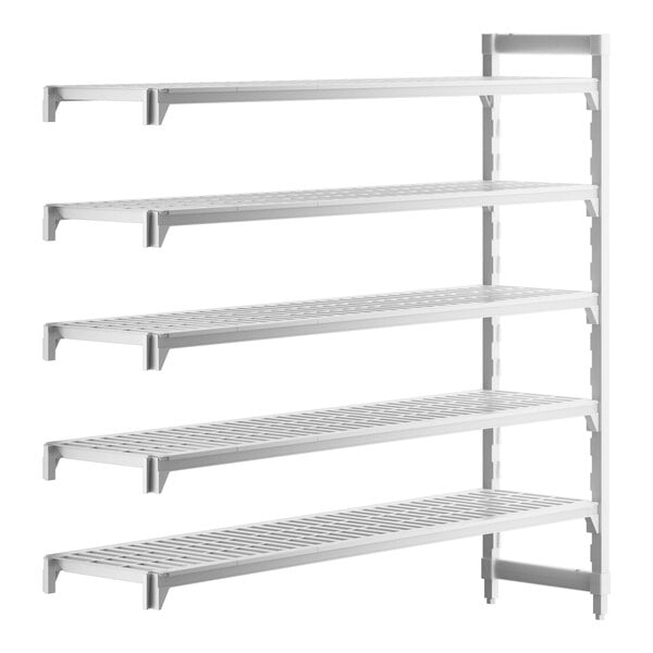 A white Cambro Camshelving Premium add on unit with four white vented shelves.
