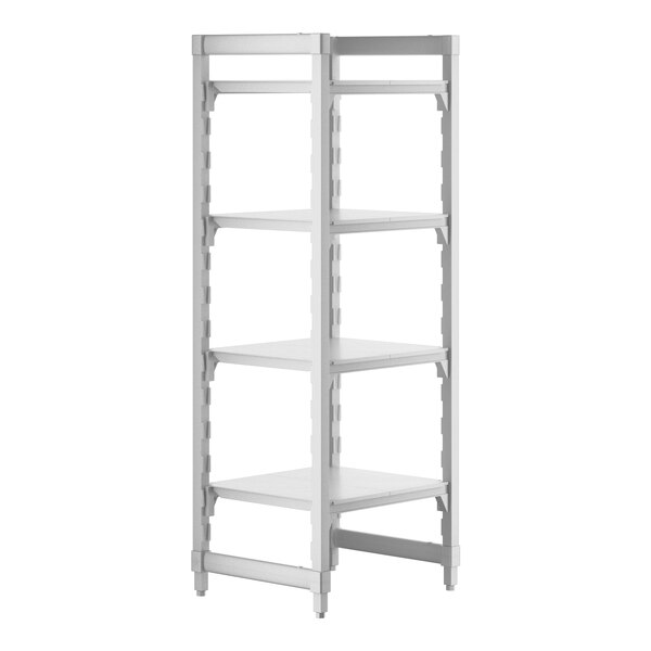 A white plastic Cambro Camshelving Premium stationary unit with four shelves.