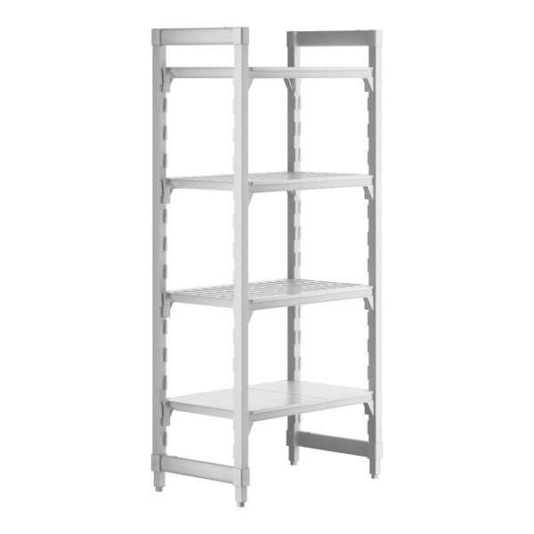 A white Cambro Camshelving Premium stationary unit with 3 vented shelves and 1 solid shelf.