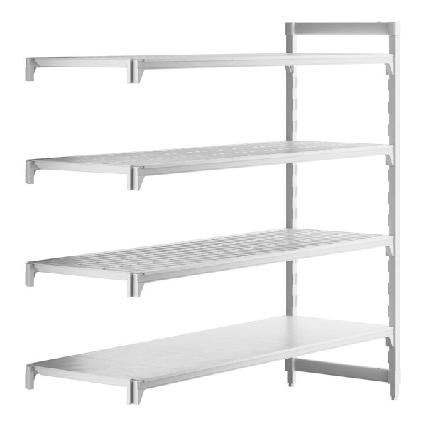 A white rectangular Cambro Camshelving Premium add-on unit with 3 vented shelves and 1 solid shelf.