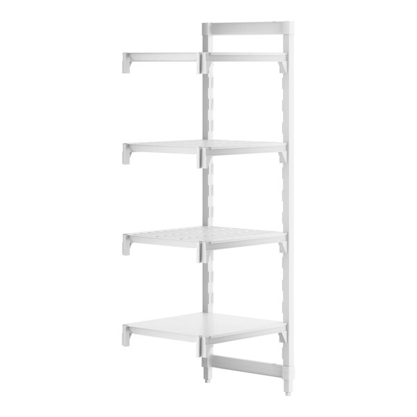 A white Cambro Camshelving® Premium Add-On unit with 3 vented shelves and 1 solid shelf.