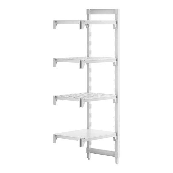 A white Cambro Camshelving® add-on unit with 3 vented shelves and 1 solid shelf.
