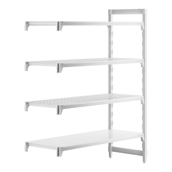 A white plastic Cambro Camshelving® add-on unit with three vented shelves and one solid shelf.