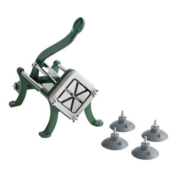 A manual French fry cutter with a green handle and frame, a 6-wedge cutting blade, and four separate gray suction feet.