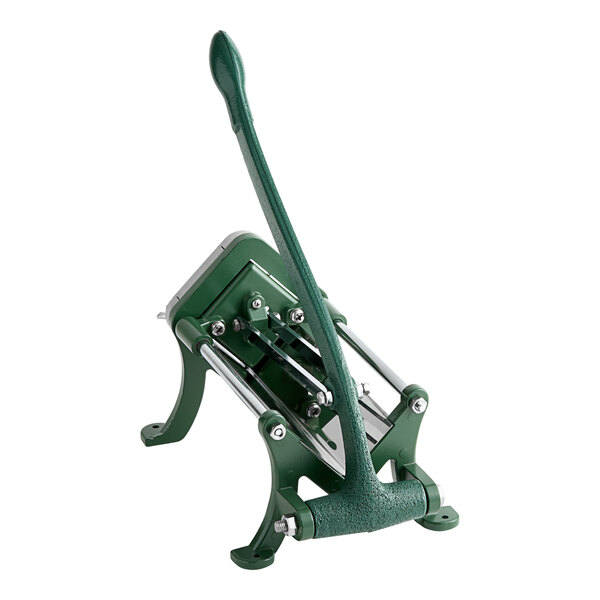 A green manual French fry cutter with a long handle and suction feet for stability.