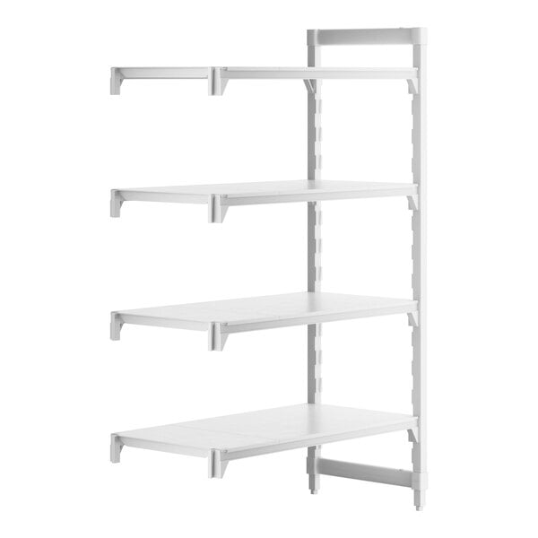 A white rectangular Cambro Camshelving Premium add on unit with four shelves.