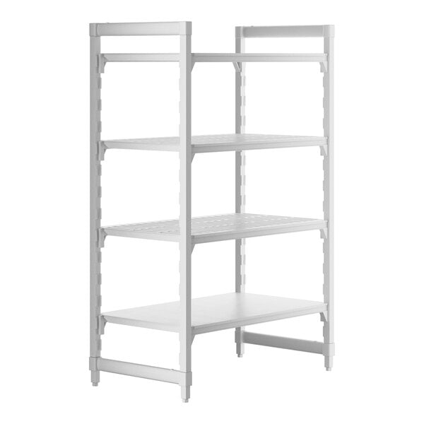 A white Cambro shelving unit with 3 vented shelves and 1 solid shelf.