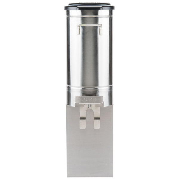 A Grindmaster stainless steel iced tea dispenser with a lid.