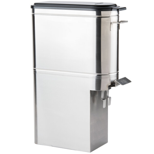 A stainless steel Grindmaster iced tea dispenser with a lid.