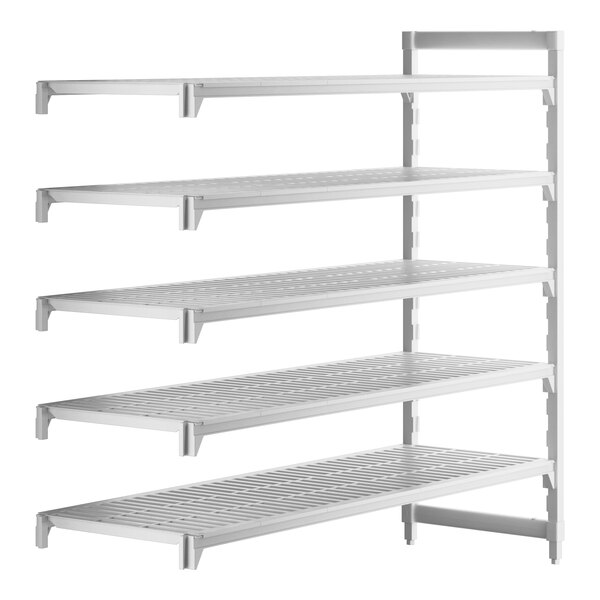 A white metal shelf with four vented shelves.