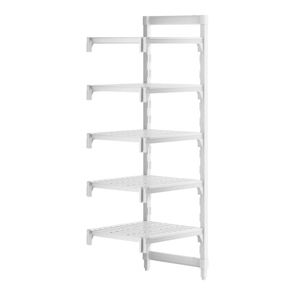 A white Cambro Camshelving Premium add on unit with four shelves.