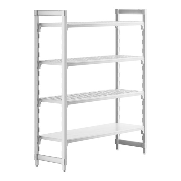 A white Camshelving® Premium stationary unit with 3 vented shelves and 1 solid shelf.