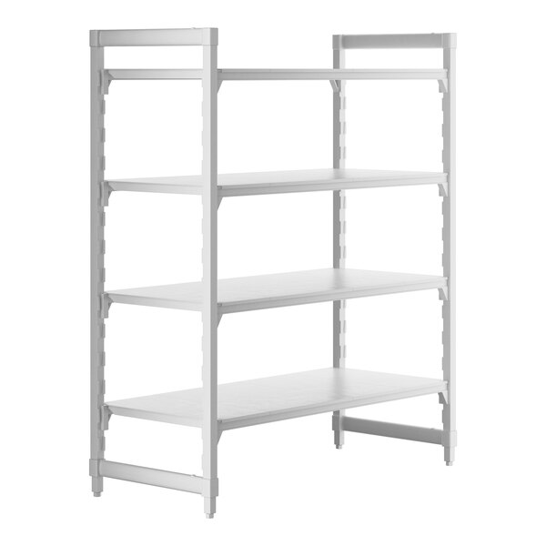 A white rectangular Cambro Camshelving Premium stationary unit with four shelves.