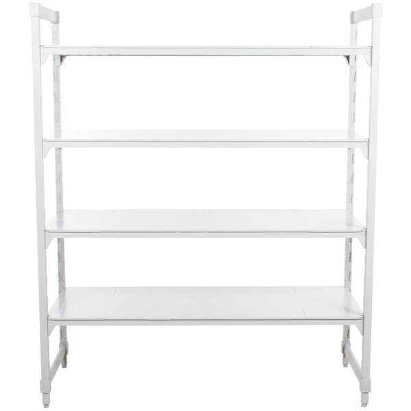 A white metal Cambro Camshelving Premium stationary unit with four shelves.