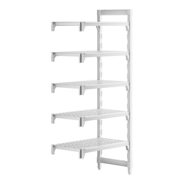 A white Cambro Camshelving® Premium add on unit with four shelves.