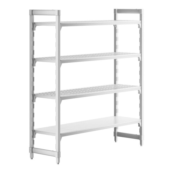A white plastic Cambro Camshelving® stationary unit with 3 vented shelves and 1 solid shelf.