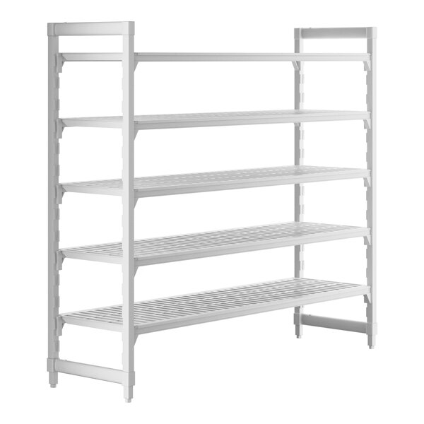 A white metal Camshelving® Premium shelving unit with four vented shelves.