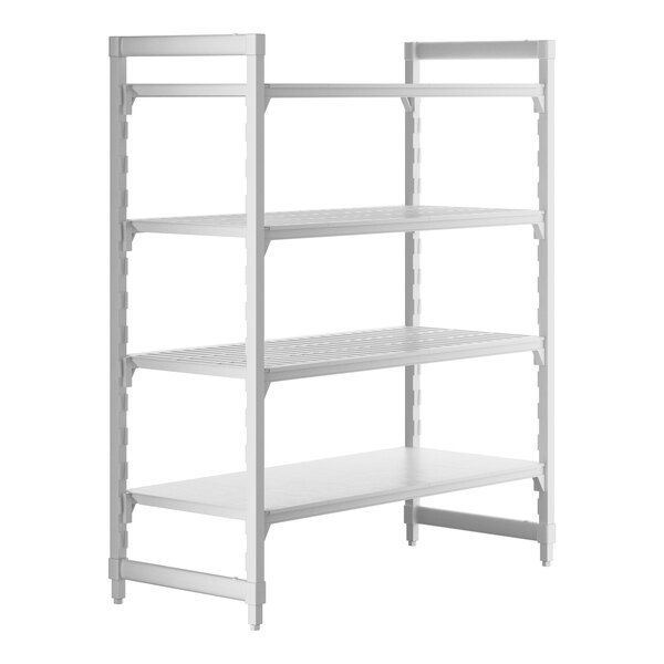 A white Camshelving® Premium stationary unit with 3 vented shelves and 1 solid shelf.