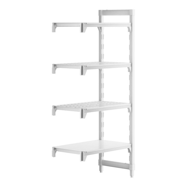 A white plastic Cambro Camshelving stationary add-on unit with vented and solid shelves.