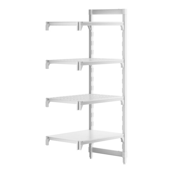 A white plastic Camshelving® add-on unit with 3 vented shelves and 1 solid shelf.