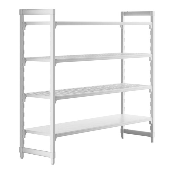 A white metal Cambro Camshelving Premium stationary unit with 3 vented shelves and 1 solid shelf.