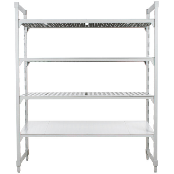 A white metal Cambro Camshelving unit with 3 vented shelves and 1 solid shelf.