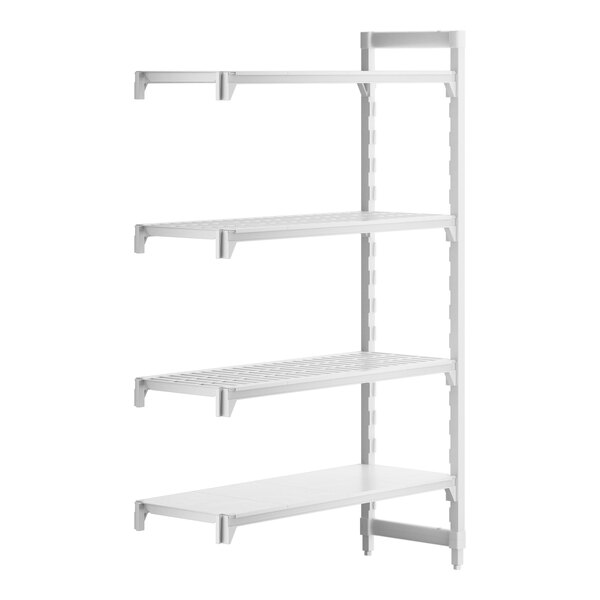 A white rectangular plastic shelf with 3 vented shelves and 1 solid shelf.
