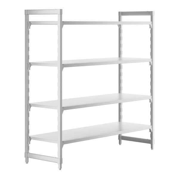 A white metal Camshelving® Premium stationary unit with four shelves.