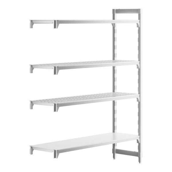 A white rectangular Cambro Camshelving unit with 3 vented shelves and 1 solid shelf.