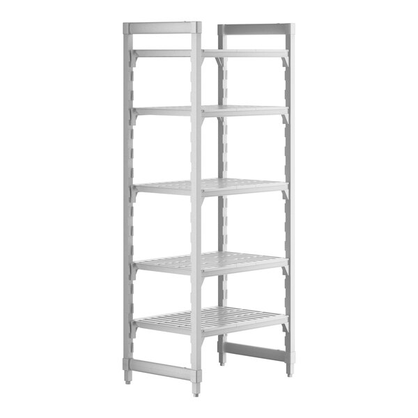A white plastic Cambro shelving unit with 5 vented shelves.