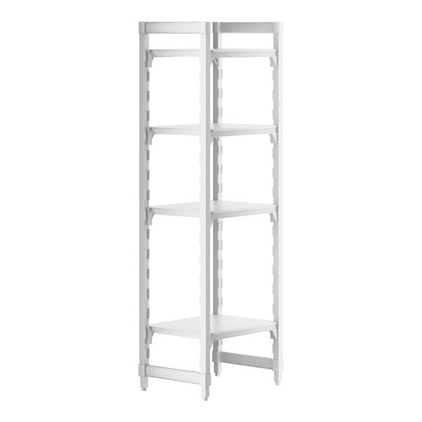 A white Cambro Camshelving® Premium stationary starter unit with four white shelves.