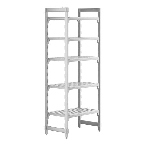 A white plastic Cambro Camshelving Premium unit with 5 shelves.