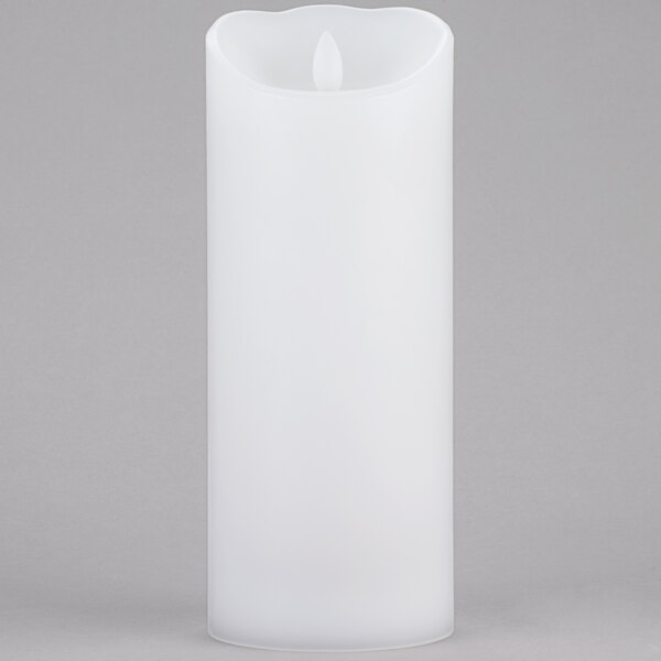 A Sterno Mirage white flameless LED candle with a white lid.