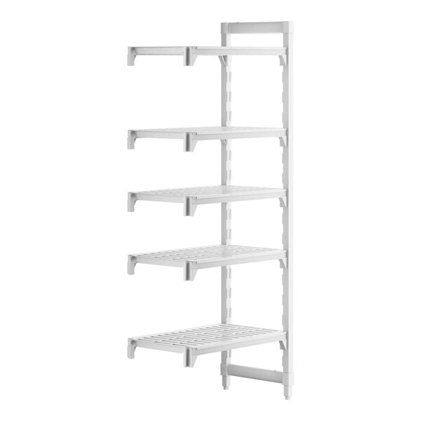 A white Cambro Camshelving® Premium add on unit with 5 shelves.