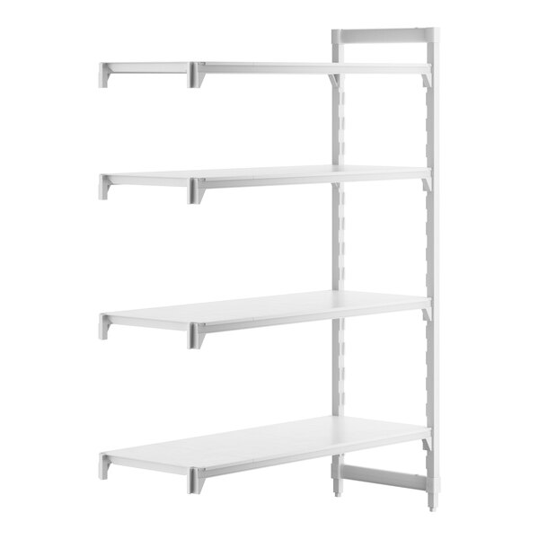 A white rectangular plastic shelf with four shelves.