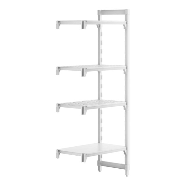 A white Cambro Camshelving® Premium stationary add-on shelf with 3 vented shelves and 1 solid shelf.