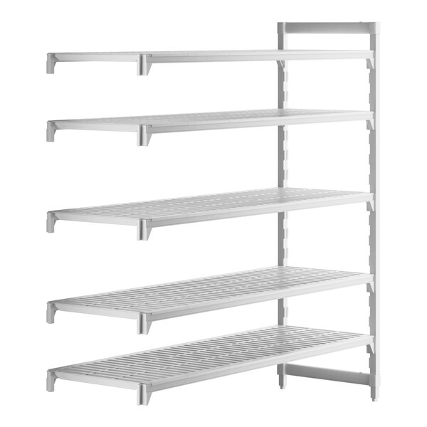 A white Cambro Camshelving® Premium add on unit with 5 shelves.