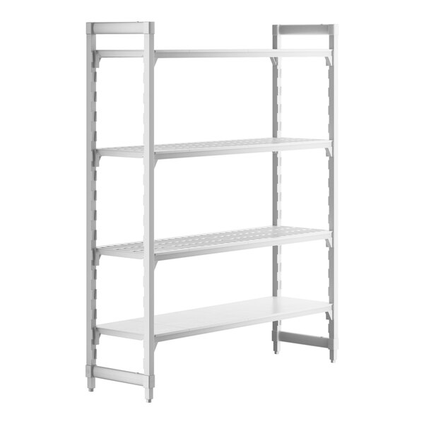 A white Cambro Camshelving® Premium stationary unit with 3 vented shelves and 1 solid shelf.