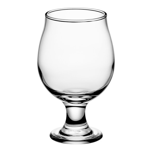 A Libbey stackable tulip beer glass with a stem on a white background.
