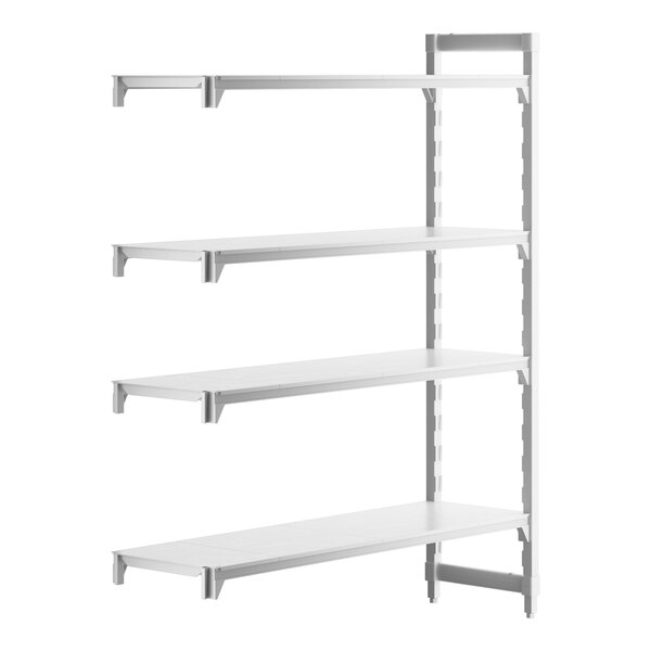 A white rectangular Cambro Camshelving Premium add on unit with four shelves.