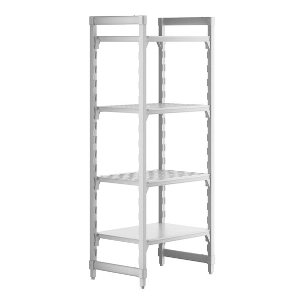 A white plastic Cambro shelving unit with 3 vented and 1 solid shelves.