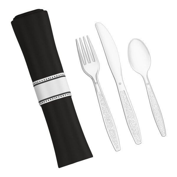 Visions 17" x 17" Black Pre-Rolled Linen-Feel Napkin and Clear Extra Heavy Weight Plastic Cutlery Set - 100/Case