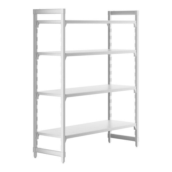 A white Cambro Camshelving Premium stationary starter unit with four shelves.