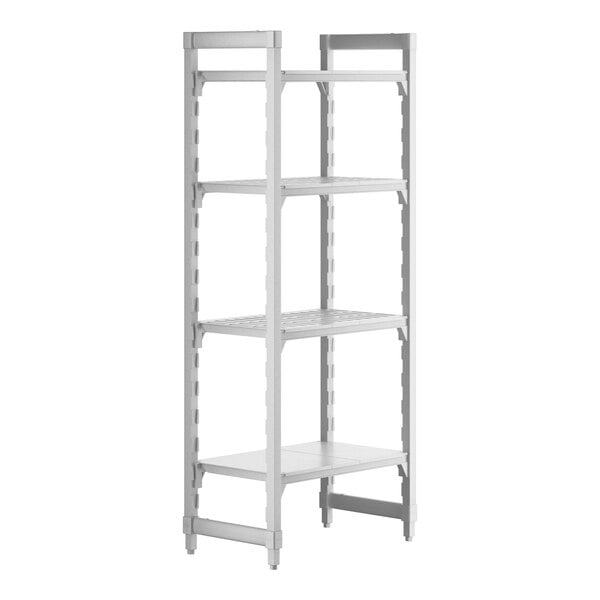 A white plastic Cambro Camshelving stationary unit with vented and solid shelves.