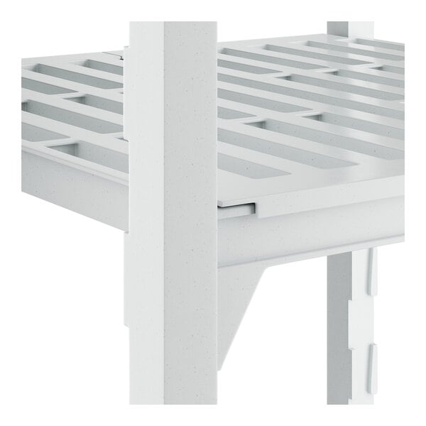 A white Cambro Camshelving® Premium shelving unit with vented shelves.