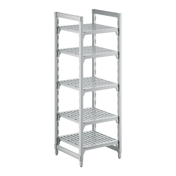 A white plastic Cambro shelving unit with 5 vented shelves.