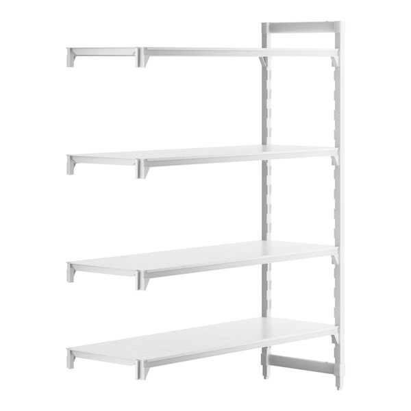 A white rectangular Cambro Camshelving Premium add-on unit with 4 shelves.