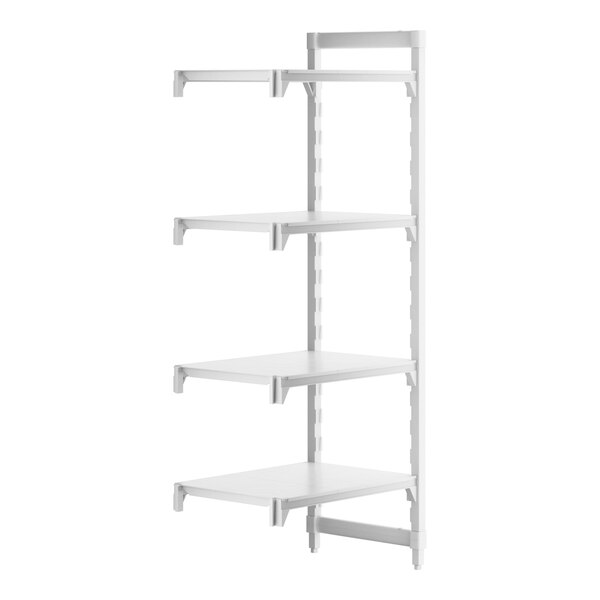 A white Cambro Camshelving® Premium add on unit with four shelves.