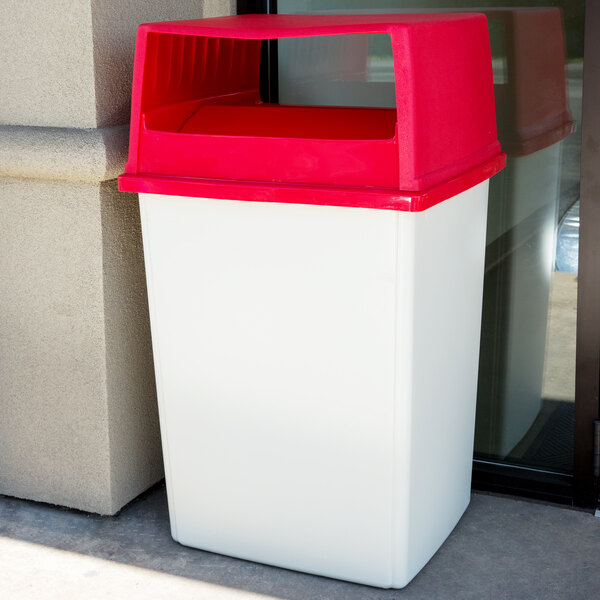 Rubbermaid Glutton 56 Gallon White Trash Can And Red Lid With Doors