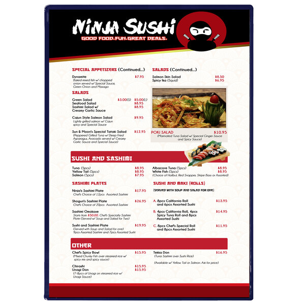 A dark blue Hamilton Menu Solutions menu board with a white background displaying a menu for a Japanese restaurant.